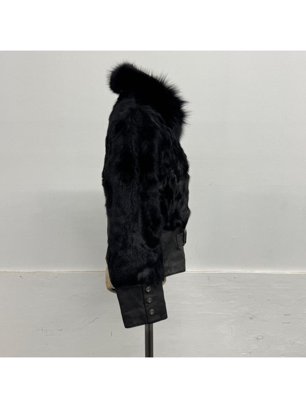 Vintage Y2K Jet Black Real Fox Rabbit Fur Leather Belted Jacket - Picture 2 of 8